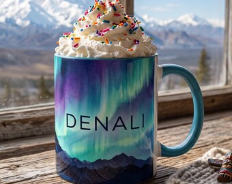 Denali National Park Mug, Aurora Borealis Cup, Alaska Mountain Watercolor Coffee Mug, Mount McKinley Northern Lights Gift, Hot Chocolate Mug