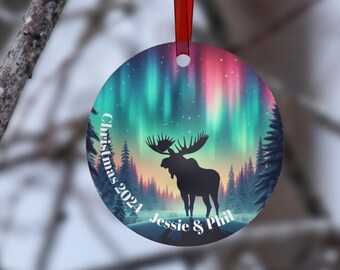 Custom Northern Lights Moose Ornament, Personalized Christmas Tree Decor, Holiday Gift, Unique Wildlife Decoration, Alaskan Moose Decoration