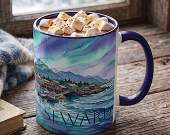 Seward Alaska Aurora Mug, Resurrection Bay Watercolor Coffee Cup, Northern Lights Gift