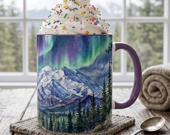 Talkeetna Alaska Aurora Mug, Denali View Watercolor Coffee Cup, Northern Lights Gift