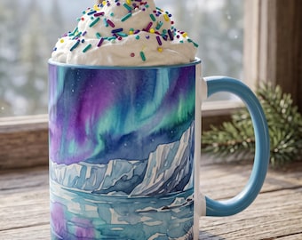 Kenai Fjords Aurora Mug, Glacier Watercolor Coffee Cup, Alaska Coastal Gift, Northern Lights Hot Chocolate Mug