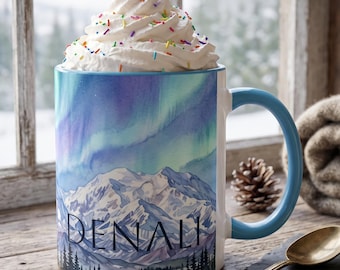 Denali National Park Mug, Aurora Borealis Alaska Mountain Watercolor Coffee Cup, Mount Mckinley Northern Lights Gift