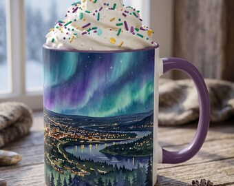 Fairbanks, Alaska Coffee Mug, Alaska Northern Lights Watercolor Coffee Cup, Aurora Borealis Hot Chocolate Gift