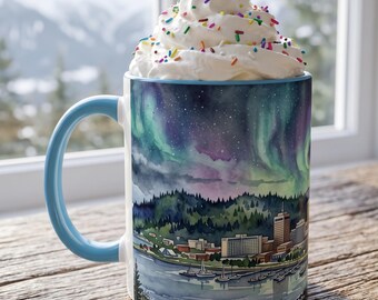 Anchorage, Alaska Coffee Mug, Northern Lights Hot Chocolate Cup, City Skyline Watercolor Coffee Mug, Northern Lights Gift