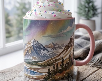 Hatcher Pass, Alaska Mug, Aurora Borealis Coffee Cup, Alaska Mountain Watercolor Coffee Cup, Northern Lights Gift