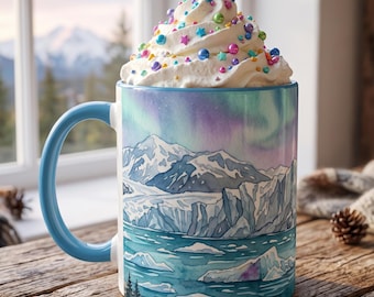 Glacier Bay Aurora Borealis Mug, Alaska Glacier Watercolor Coffee Cup, Northern Lights Gift