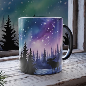 Color Changing 11oz Coffee Mug, Northern Lights Color Magic Morphing Hot Chocolate Cup, Purple and Blue Aurora Borealis Mug, Alaska Souvenir