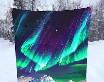 Northern Lights Velveteen Plush Blanket, Aurora Borealis Couch Throw, Cozy Blanket Gift for Winter, Holiday Gift for Grandparents and Aunts