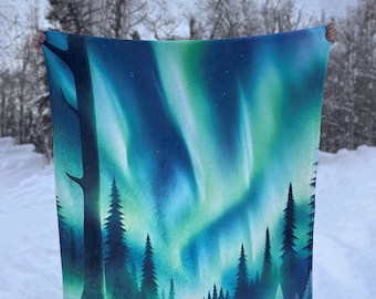 Crushed Velvet Northern Lights Blanket, Customizable and Personalized Aurora Borealis Throw, Soft and Fluffy Back, Personalized Alaska gift