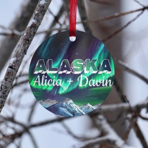 Custom Northern Lights Metal Ornament for Couples, Personalized Christmas Souvenir Decor, Alaska Aurora Borealis Ornament for Engagement