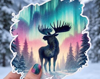 Northern Lights Moose Sticker, Kiss-Cut Vinyl Decal, Aurora Borealis Watercolor Design, Alaskan Waterbottle Sticker, Rainbow Aurora