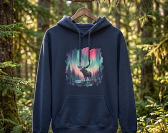 Northern Lights Moose Hoodie | Alaska Sweater, Aurora Borealis Sweatshirt, Northern Lights Adult Hoodie