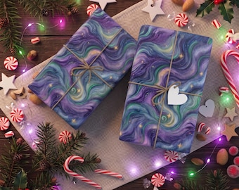 Purple Northern Lights Wrapping Paper, Deep Indigo Watercolor Aurora Borealis Gift Wrap, Luxury Eco-Friendly Paper, Christmas Birthday Wrap