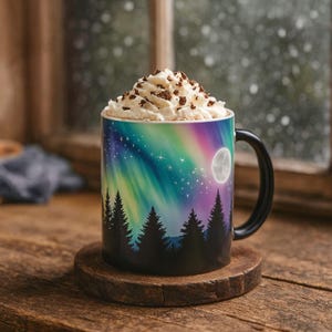 Northern Lights Moon Coffee Mug, Celestial Moon Color Changing Cup, Aurora Borealis Color Morphing Mug, Magic Hot Chocolate Glass