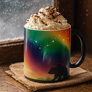 11oz Color Changing Coffee Mug, Rainbow Northern Lights Hot Chocolate Cup, Multicolored Aurora Borealis Coffee Mug, Microwave Safe