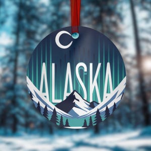 Ornament noorderlicht Alaska, Aurora Borealis metalen kerstboomversiering, Alaska souvenir, besneeuwd boomornament Alaska