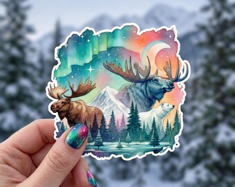 Northern Lights Moose Sticker, Kiss-Cut Vinyl Decal, Aurora Borealis Watercolor Design, Alaskan Waterbottle Sticker, Rainbow Bear Sticker