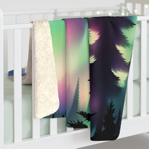 Fuzzy Aurora Borealis Sherpa Fleece Blanket, Northern Lights Fuzzy Blanket, Fluffy Alaskan Blanket for image 3