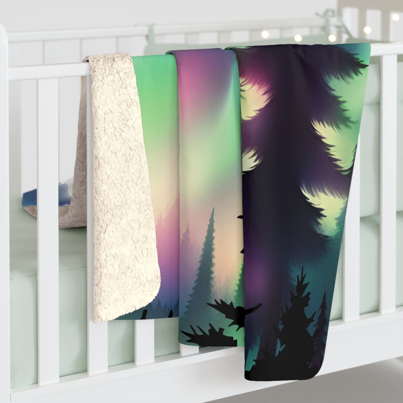 Fuzzy Aurora Borealis Sherpa Fleece Blanket, Northern Lights Fuzzy Blanket, Fluffy Alaskan Blanket for image 3