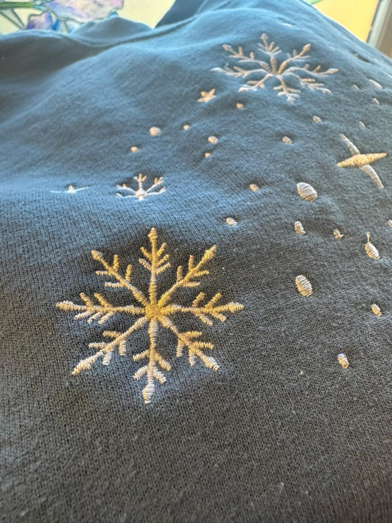 Embroidered Snowflake Sweatshirt, Cozy Christmas Top, Holiday Crewneck Pullover, Festive Snow Sweater, Winter Wonderland Embroidery Shirt image 2
