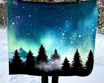 Blue and Teal Northern Lights Crushed Velvet Blanket, Aurora Borealis Fuzzy and Shimmery Throw Blanket