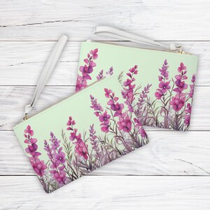 Alaska Fireweed Clutch Bag Geldbörse, hellgrüne Florale Brieftasche, Damenhandtasche, Botanisches Accessoire, Geschenk für sie, Reisegeldbeutel für Make-up