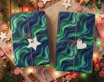 Northern Lights Wrapping Paper, Deep Blue-Green Watercolor Aurora Borealis Gift Wrap, Luxury Eco-Friendly Paper, Christmas Birthday Wrap