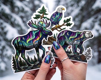 Alaska Animals Sticker Bundle, Moose Polar Bear and Bald Eagle Decal, Northern Lights Sticker, Moose Paper, Forest Vinyl Car Sticker