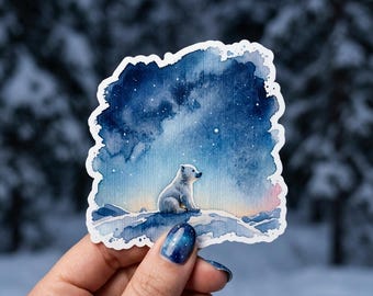 Northern Lights Polar Bear Sticker, Kiss-Cut Vinyl Decal, Aurora Borealis Watercolor Design, Alaskan Waterbottle Sticker, Rainbow Aurora