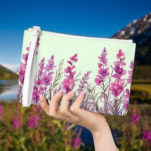 Alaska Fireweed Clutch Bag Geldbörse, hellgrüne Florale Brieftasche, Damenhandtasche, Botanisches Accessoire, Geschenk für sie, Reisegeldbeutel für Make-up