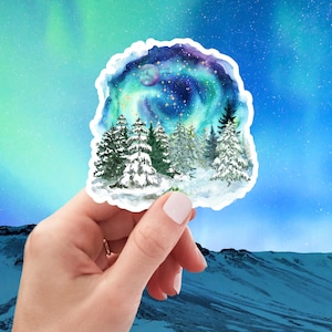 Northern Lights Die-Cut Stickers, Aurora Borealis Laptop Sticker, Snowy Forest Decals, Alaska Wilderness Hiking Trail Gear, Mountain Decal