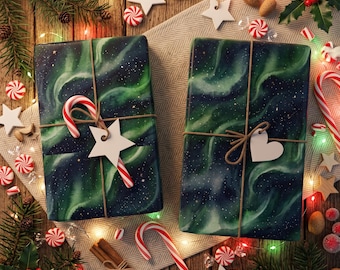 Watercolor Northern Lights Wrapping Paper, Deep Blue-Green Aurora Gift Wrap, Luxury 90gsm Eco-Friendly Paper, Christmas Birthday Wrap