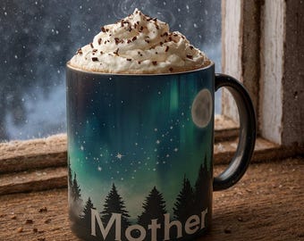 Caneca de cerâmica personalizada com céu noturno e aurora boreal, caneca mágica brilhante com aurora boreal, caneca personalizada com céu estrelado e floresta, xícara de café do Alasca