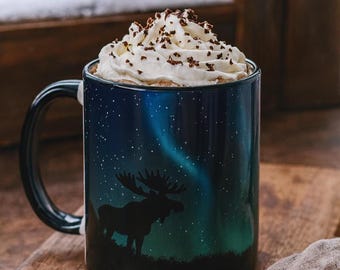 Aurora Borealis Mug, Alaskan Northern Lights Moose Coffee Cup, Green Hot Chocolate Mug Gift, Alaska Coffee Mugs and Drinkware, Stars Gift