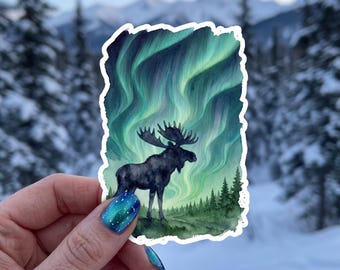 Northern Lights Moose Sticker, Kiss-Cut Vinyl Decal, Aurora Borealis Watercolor Design, Alaskan Waterbottle Sticker, Rainbow Aurora