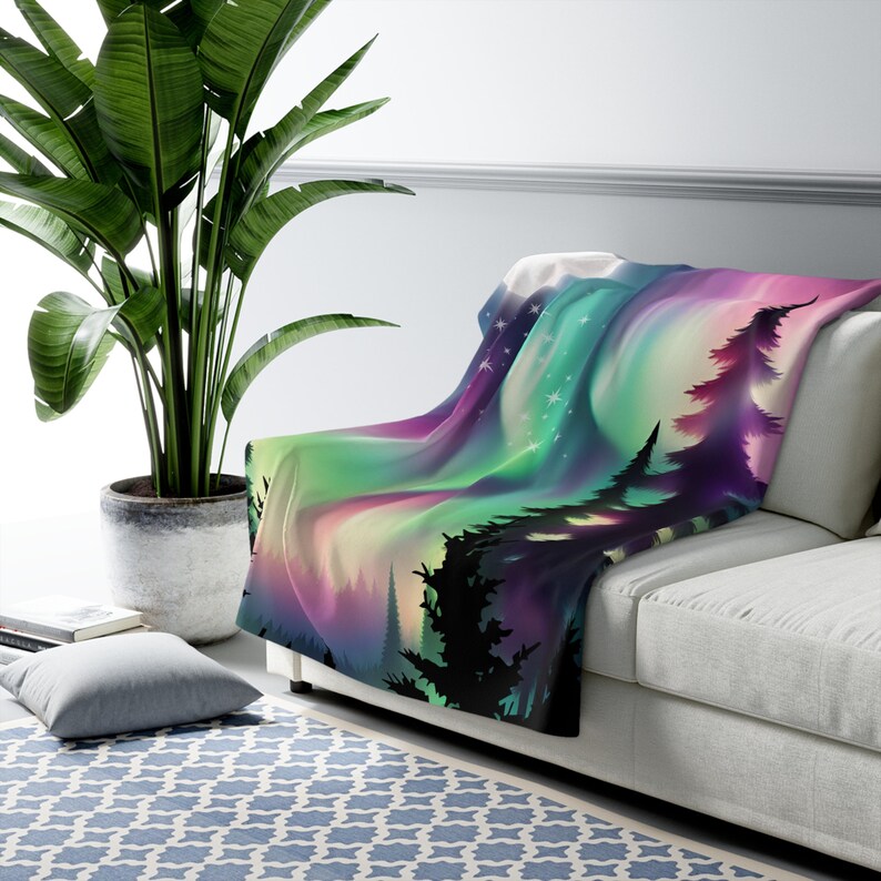 Fuzzy Aurora Borealis Sherpa Fleece Blanket, Northern Lights Fuzzy Blanket, Fluffy Alaskan Blanket for image 2