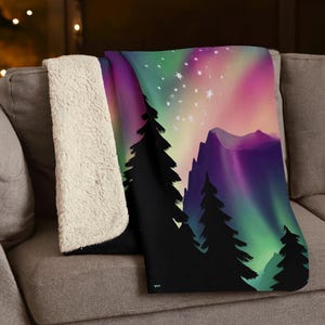 Northern Lights Sherpa Fleece Blanket, 50" x 60" Aurora Borealis Fuzzy Blanket, Fluffy Alaskan Blanket for Winter, Rainbow Couch Throw,