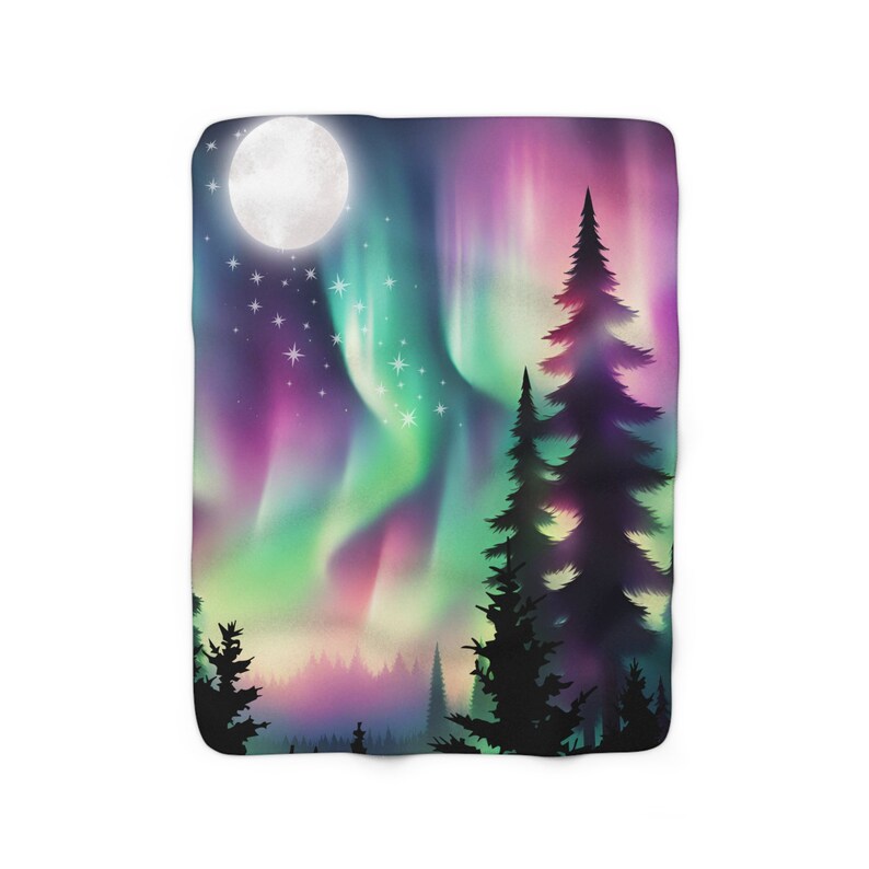 Fuzzy Aurora Borealis Sherpa Fleece Blanket, Northern Lights Fuzzy Blanket, Fluffy Alaskan Blanket for image 5
