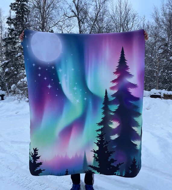 Fuzzy Aurora Borealis Sherpa Fleece Blanket, Northern Lights Fuzzy Blanket, Fluffy Alaskan Blanket for