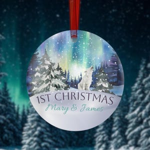 Personalized Metal Ornaments for First Christmas, Northern Lights Holiday Tree Ornament, Aurora Borealis Alaska Gift Ornament