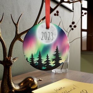 Custom Year Ornament with Ribbon, Rainbow Northern Lights Christmas Ornament, Personalized Aurora Borealis Ornament