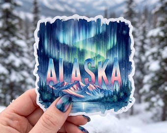 Northern Lights ALASKA Sticker, Kiss-Cut Vinyl Decal, Aurora Borealis Watercolor Design, Alaskan Waterbottle Sticker, Rainbow Aurora