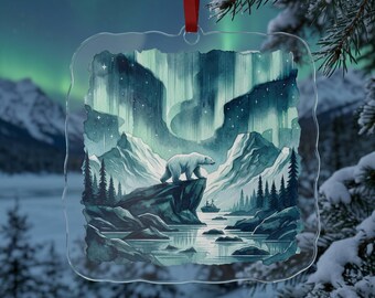 Polar Bear Northern Lights Custom Cut Acrylic Ornament | Arctic Mountain Scene