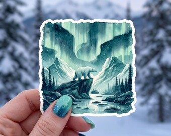 Northern Lights Bear Sticker, Kiss-Cut Vinyl Decal, Aurora Borealis Watercolor Design, Alaskan Waterbottle Sticker, Teal Polar Bear Sticker