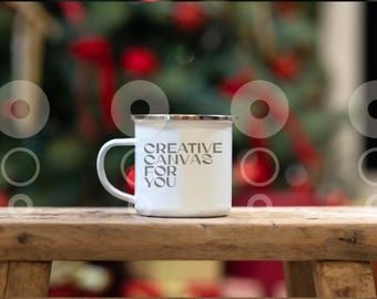 Christmas Camping Mug Mockup: White Enamel with Silver Rim (JPG)