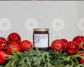 Amber Candle Jar Mockup: Christmas Scene, Gold Lid (JPG)