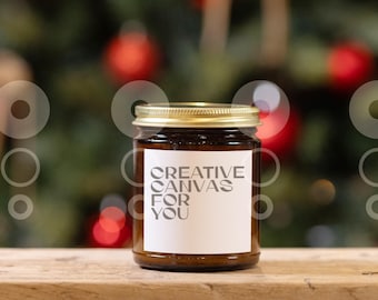 Amber Candle Mockup: 9 oz Gold Lid Jar on Rustic Wood (JPG Download)