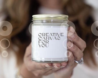 Amber Candle Mockup: 9 oz, Gold Lid, Styled Stock Photo