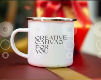 Christmas Camping Mug Mockup: White Enamel with Silver Rim (JPG)