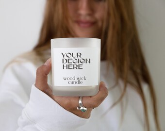 Milchglas Kerze Mockup: Holzdocht, Print On Demand (Digitaler Download)